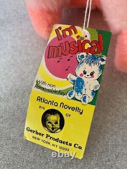 Vtg Gerber Atlanta Stuffed Animal Plush Wind up Musical Pink Dog Tag Works w Tag