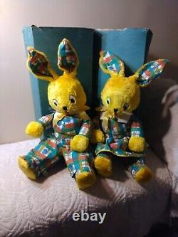 Vtg Gund Bunny Rabbit Boy Girl Yellow Plush Set Orig Boxes Dressed Pr 24 LOOK