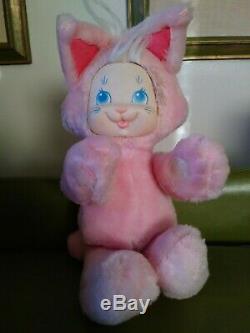 Vtg Stuffed Animal Plush Purrrty Kitty Pink Rare 80's 90's Fancy Toy /fairy kei