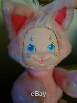 Vtg Stuffed Animal Plush Purrrty Kitty Pink Rare 80's 90's Fancy Toy /fairy kei